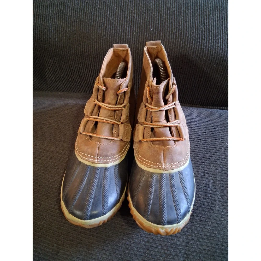 Sorel Women's Ankle Black Rubber Brown Leather Duck Boots Size‎ 7.5  #NL2133-286